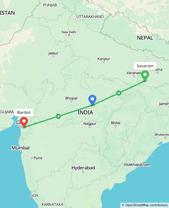Route map showing distance and travel time from Sasaram, India to Bardoli, India