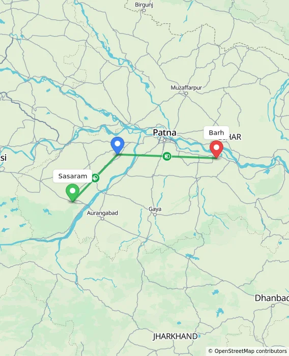 Route map showing distance and travel time from Sasaram, India to Barh, India