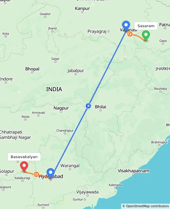 Route map showing distance and travel time from Sasaram, India to Basavakalyan, India