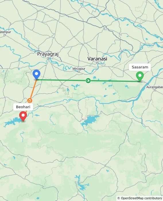 Route map showing distance and travel time from Sasaram, India to Beohari, India