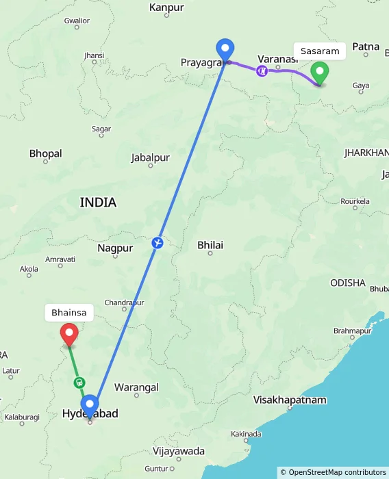 Route map showing distance and travel time from Sasaram, India to Bhainsa, India