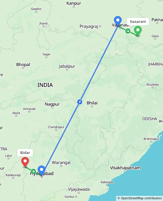 Route map showing distance and travel time from Sasaram, India to Bidar, India