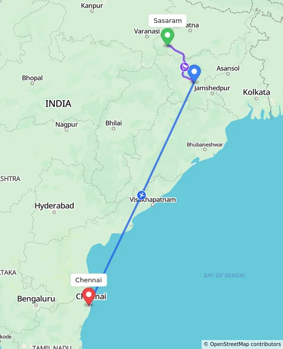 Route map showing distance and travel time from Sasaram, India to Chennai, India