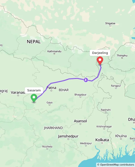 Route map showing distance and travel time from Sasaram, India to Darjeeling, India