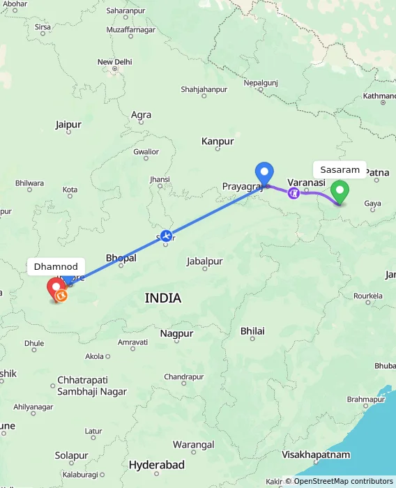 Route map showing distance and travel time from Sasaram, India to Dhamnod, India