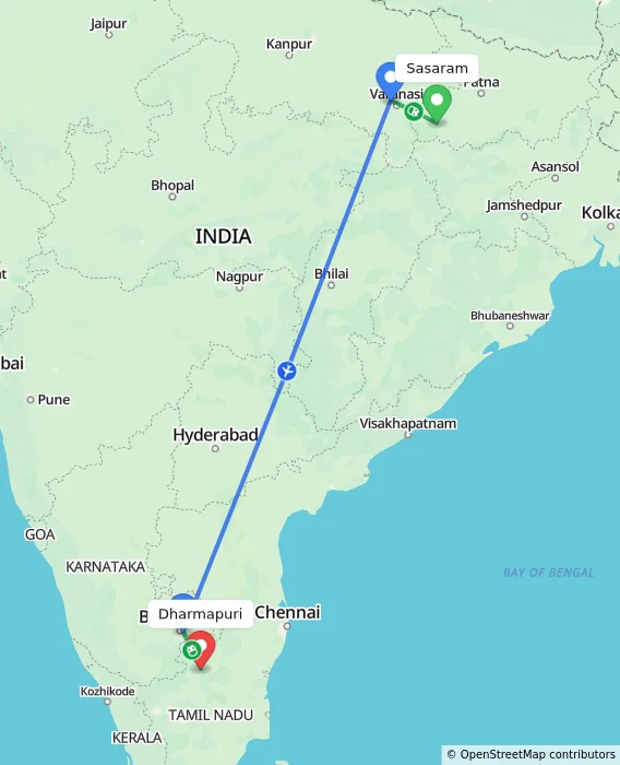 Route map showing distance and travel time from Sasaram, India to Dharmapuri, India