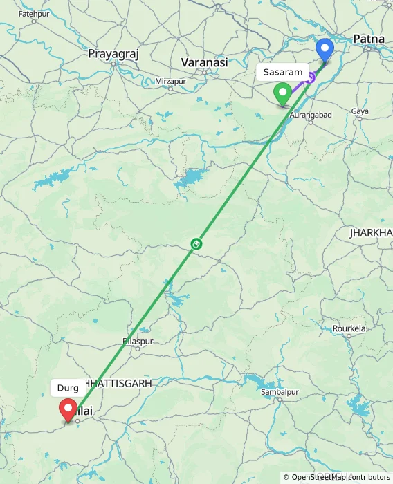 Route map showing distance and travel time from Sasaram, India to Durg, India