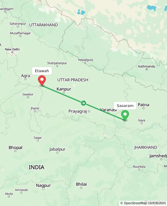 Route map showing distance and travel time from Sasaram, India to Etawah, India
