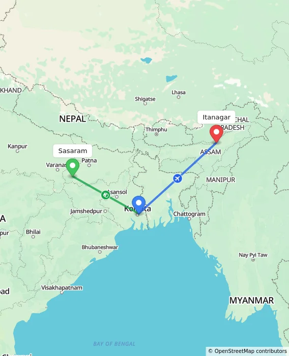 Route map showing distance and travel time from Sasaram, India to Itanagar, India