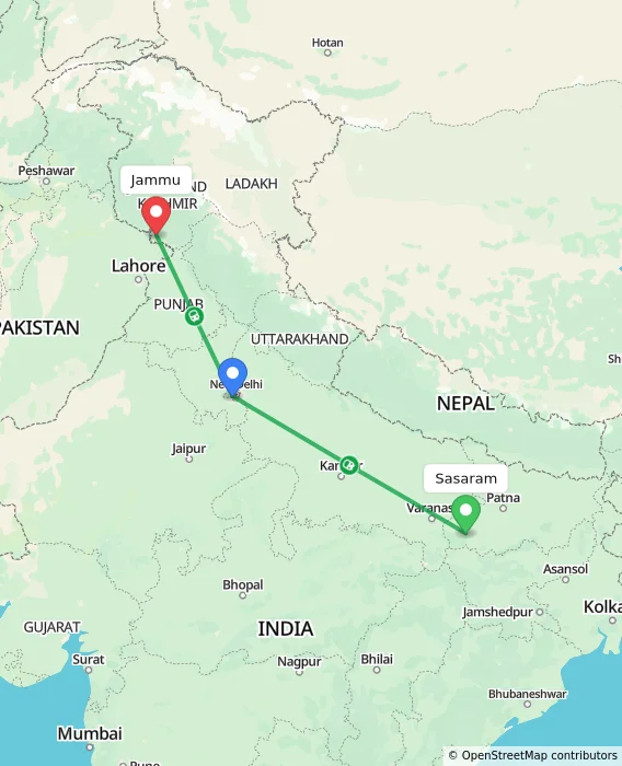 Route map showing distance and travel time from Sasaram, India to Jammu, India