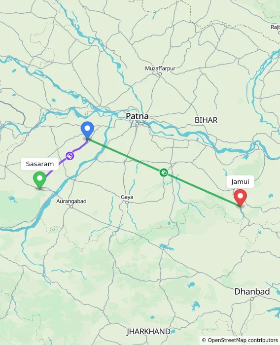 Route map showing distance and travel time from Sasaram, India to Jamui, India