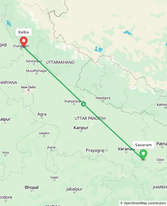 Route map showing distance and travel time from Sasaram, India to Kalka, India