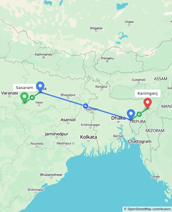 Route map showing distance and travel time from Sasaram, India to Karimganj, India