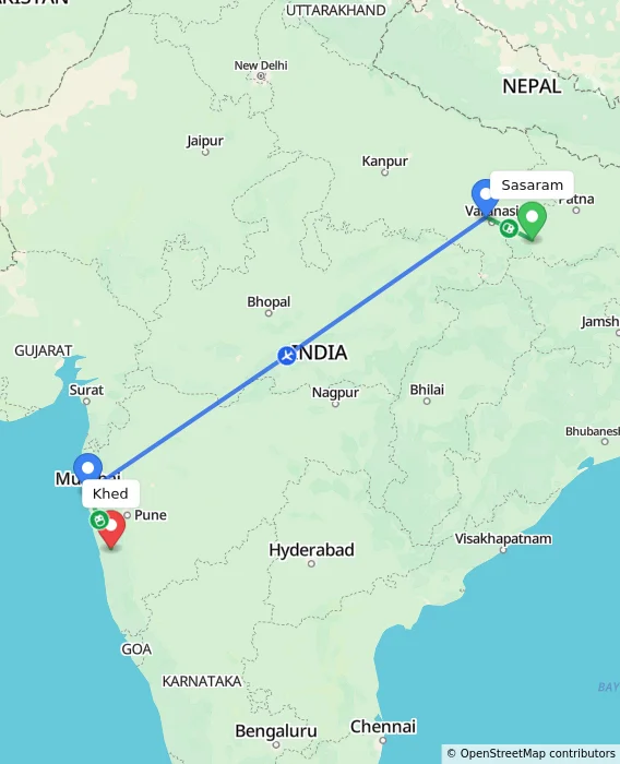 Route map showing distance and travel time from Sasaram, India to Khed, India