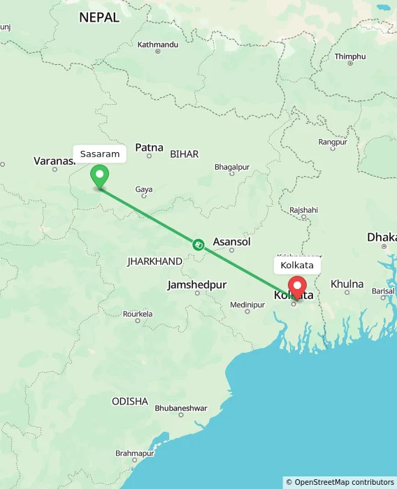Route map showing distance and travel time from Sasaram, India to Kolkata, India