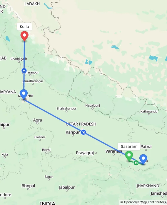 Route map showing distance and travel time from Sasaram, India to Kullu, India