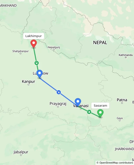 Route map showing distance and travel time from Sasaram, India to Lakhimpur, India