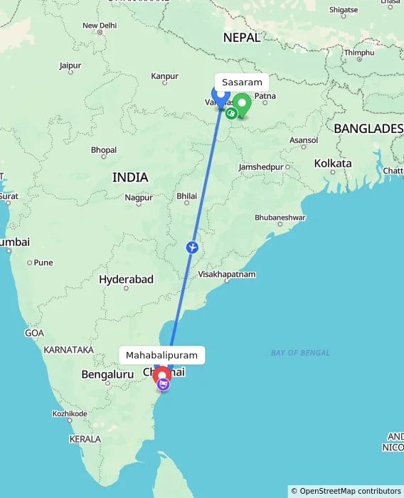 Route map showing distance and travel time from Sasaram, India to Mahabalipuram, India