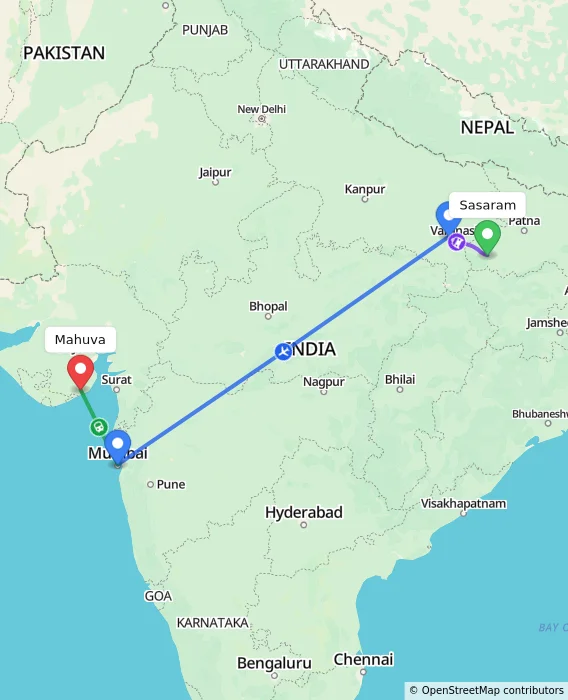 Route map showing distance and travel time from Sasaram, India to Mahuva, India