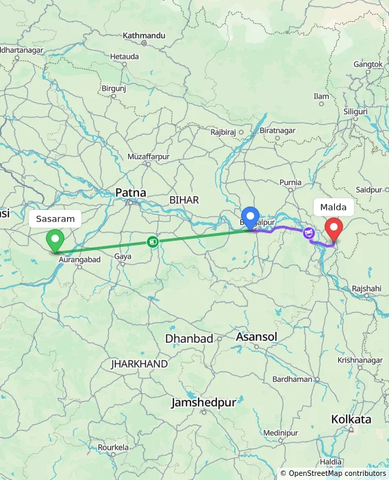 Route map showing distance and travel time from Sasaram, India to Malda, India