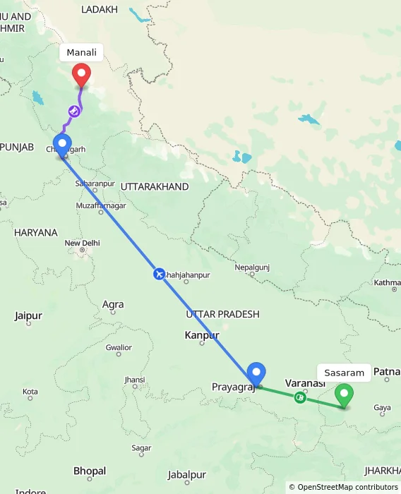 Route map showing distance and travel time from Sasaram, India to Manali, India
