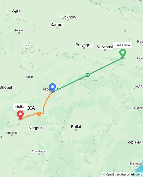 Route map showing distance and travel time from Sasaram, India to Multai, India