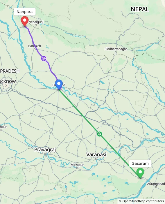 Route map showing distance and travel time from Sasaram, India to Nanpara, India