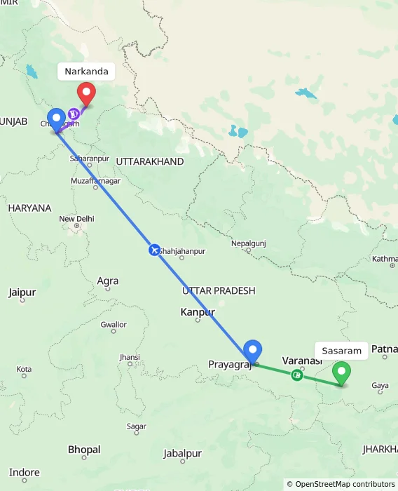 Route map showing distance and travel time from Sasaram, India to Narkanda, India
