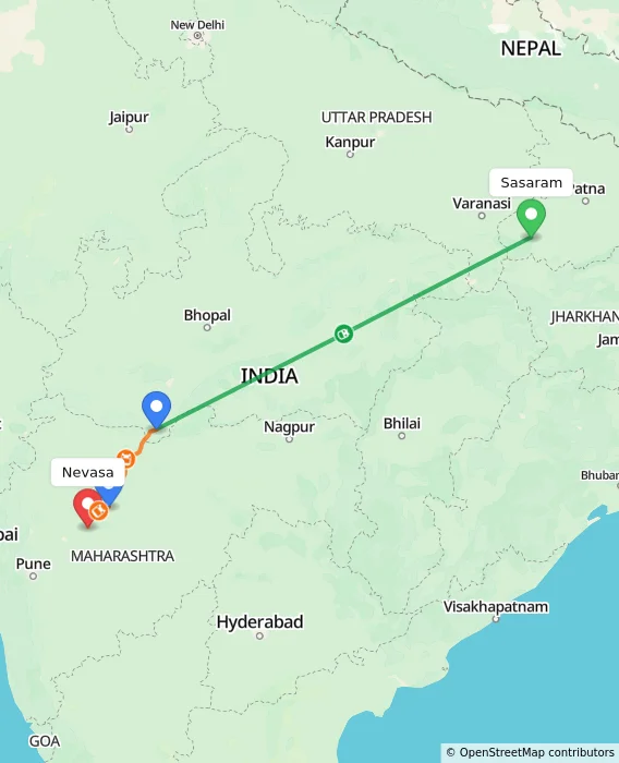 Route map showing distance and travel time from Sasaram, India to Nevasa, India