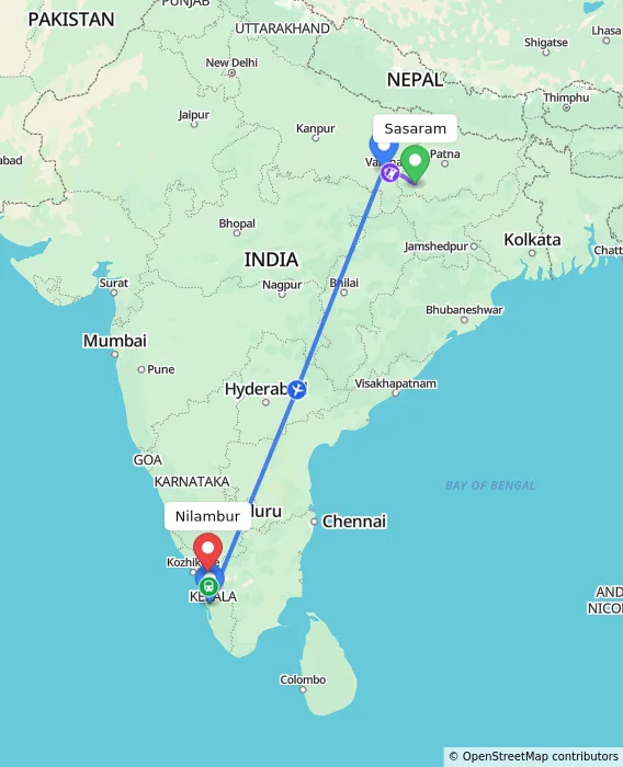 Route map showing distance and travel time from Sasaram, India to Nilambur, India