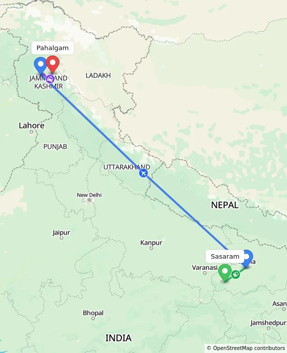 Route map showing distance and travel time from Sasaram, India to Pahalgam, India