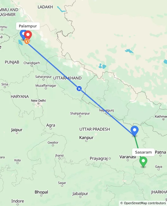Route map showing distance and travel time from Sasaram, India to Palampur, India