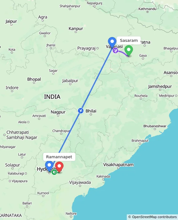 Route map showing distance and travel time from Sasaram, India to Ramannapet, India