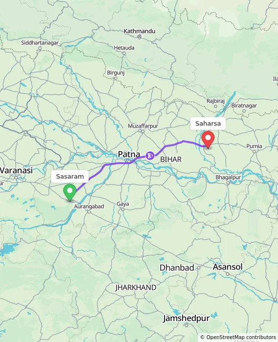 Route map showing distance and travel time from Sasaram, India to Saharsa, India