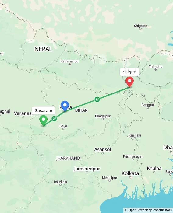 Route map showing distance and travel time from Sasaram, India to Siliguri, India