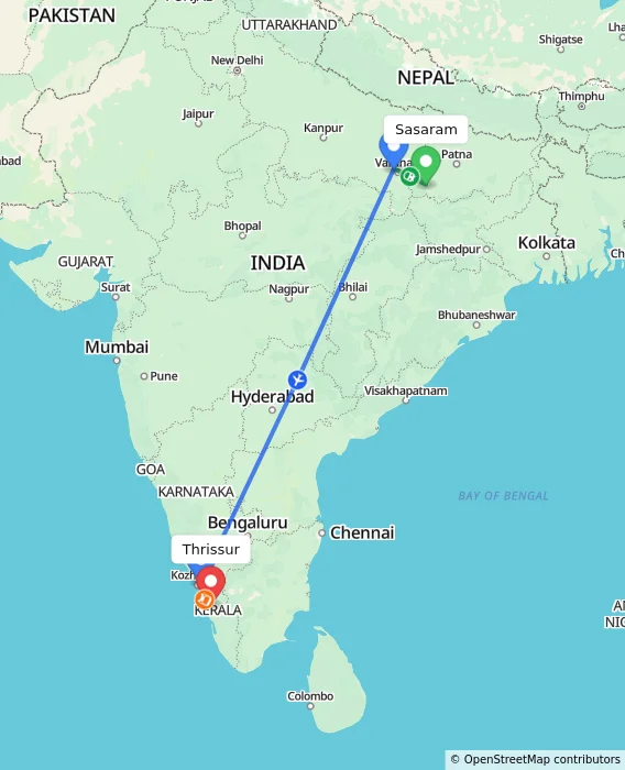 Route map showing distance and travel time from Sasaram, India to Thrissur, India
