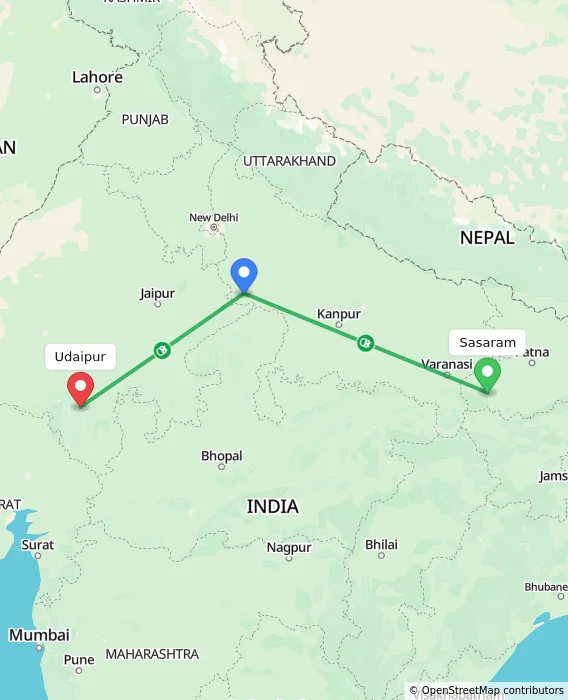 Route map showing distance and travel time from Sasaram, India to Udaipur, India