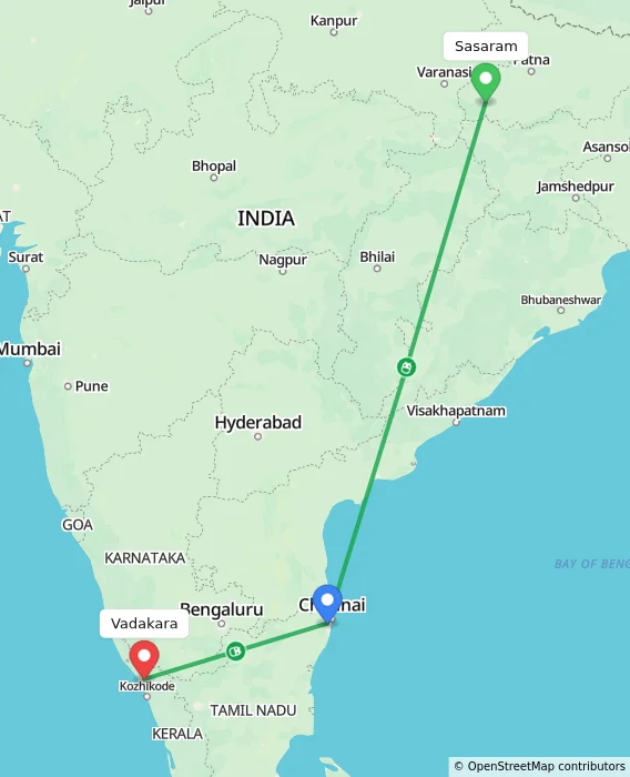 Route map showing distance and travel time from Sasaram, India to Vadakara, India