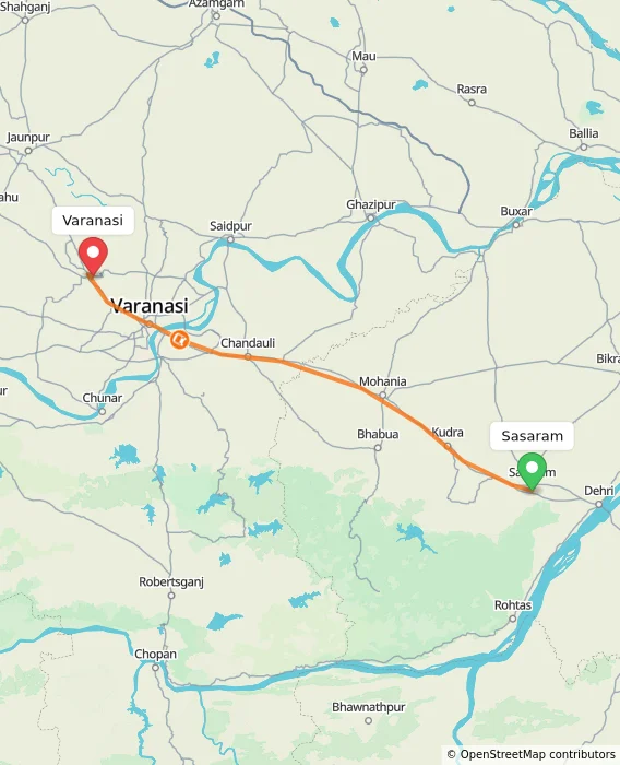 Route map showing distance and travel time from Sasaram, India to Varanasi, India