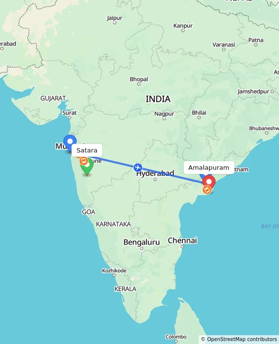 Route map showing distance and travel time from Satara, India to Amalapuram, India
