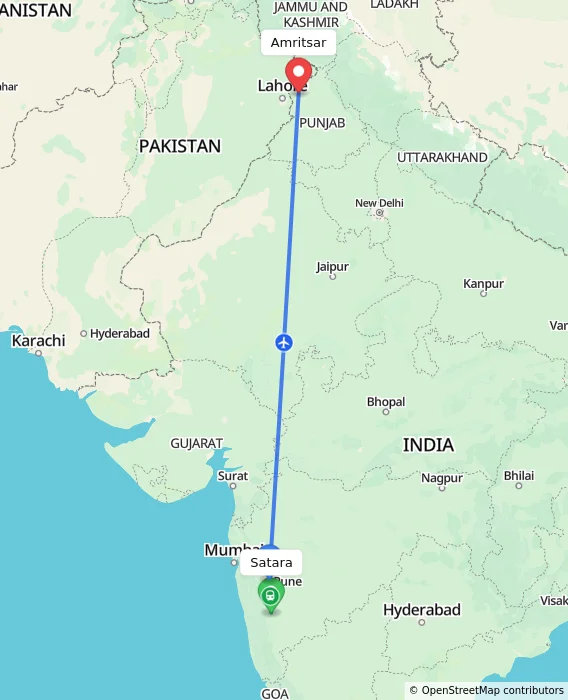 Route map showing distance and travel time from Satara, India to Amritsar, India