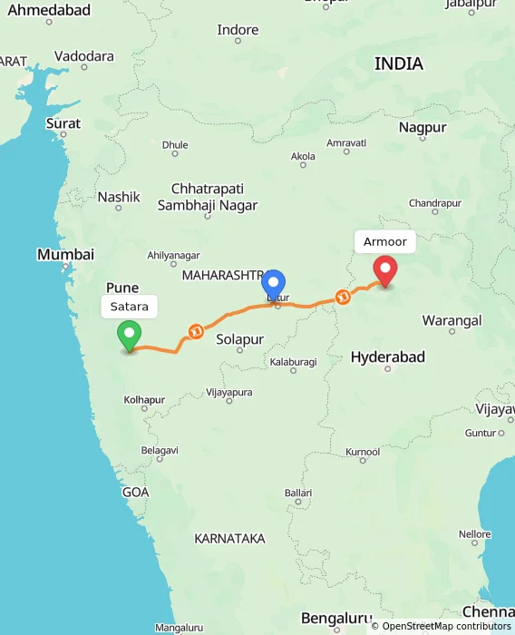 Route map showing distance and travel time from Satara, India to Armoor, India