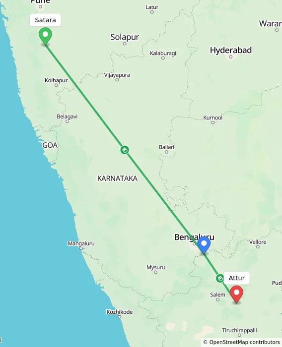 Route map showing distance and travel time from Satara, India to Attur, India