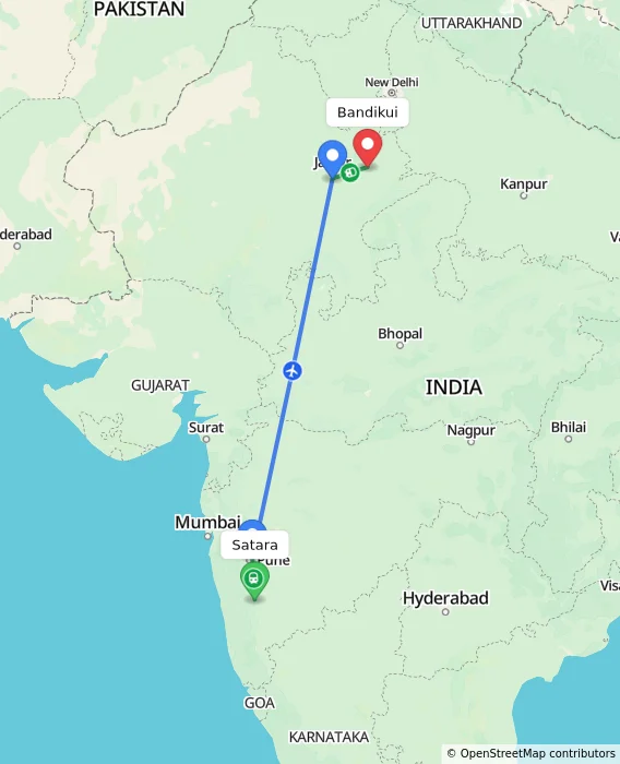 Route map showing distance and travel time from Satara, India to Bandikui, India