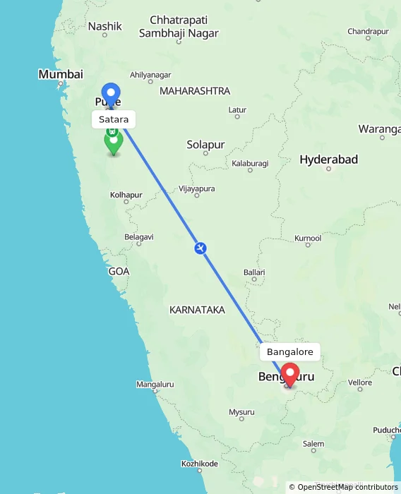 Route map showing distance and travel time from Satara, India to Bangalore, India