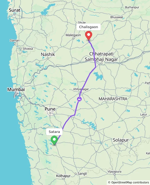 Route map showing distance and travel time from Satara, India to Chalisgaon, India