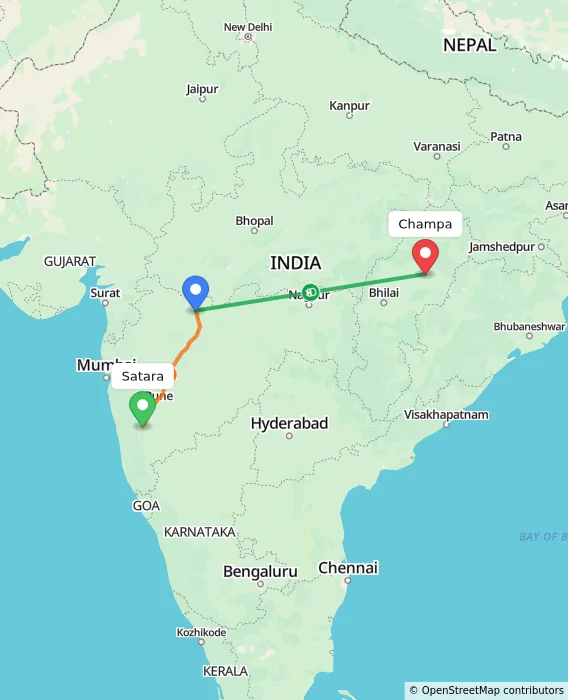 Route map showing distance and travel time from Satara, India to Champa, India