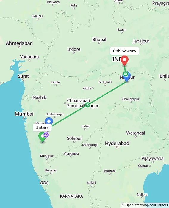 Route map showing distance and travel time from Satara, India to Chhindwara, India