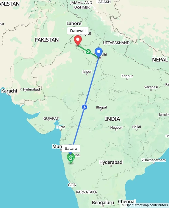 Route map showing distance and travel time from Satara, India to Dabwali, India