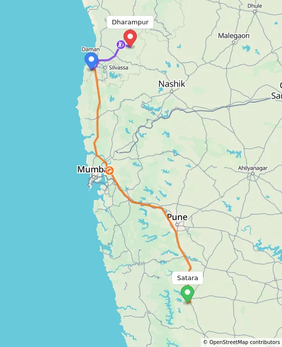 Route map showing distance and travel time from Satara, India to Dharampur, India